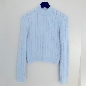 Women’s Fuzzy Knit Fluffy Warm Ice Blue Pullover Sweater, below-waist length